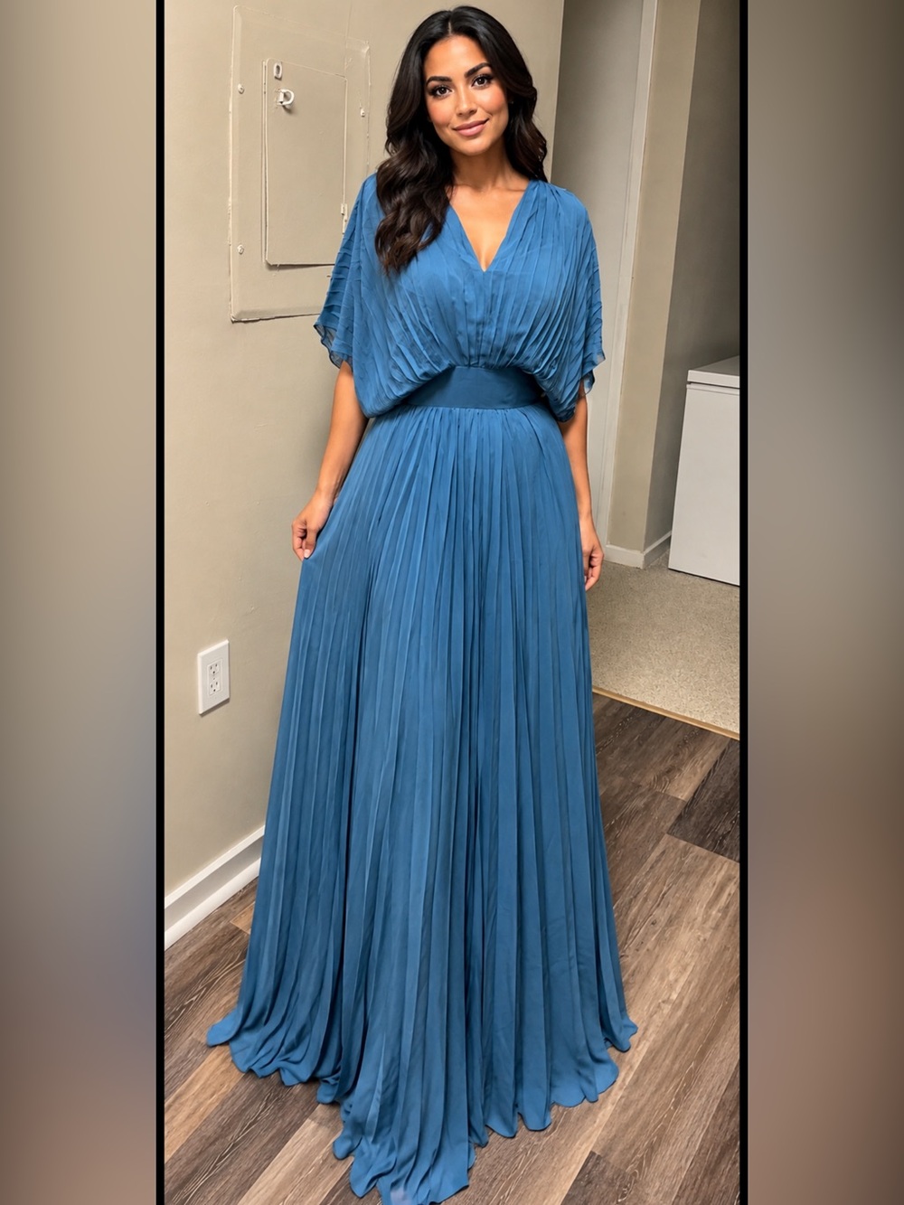Teal-Blue Pleated Maxi Dress